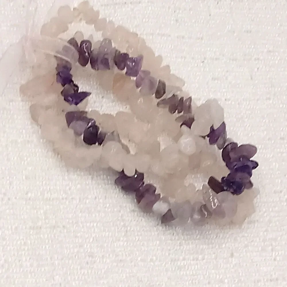 Quartz Gemstone Chips Beaded Stretch 3 Strand Bracelet Crystal White Purple